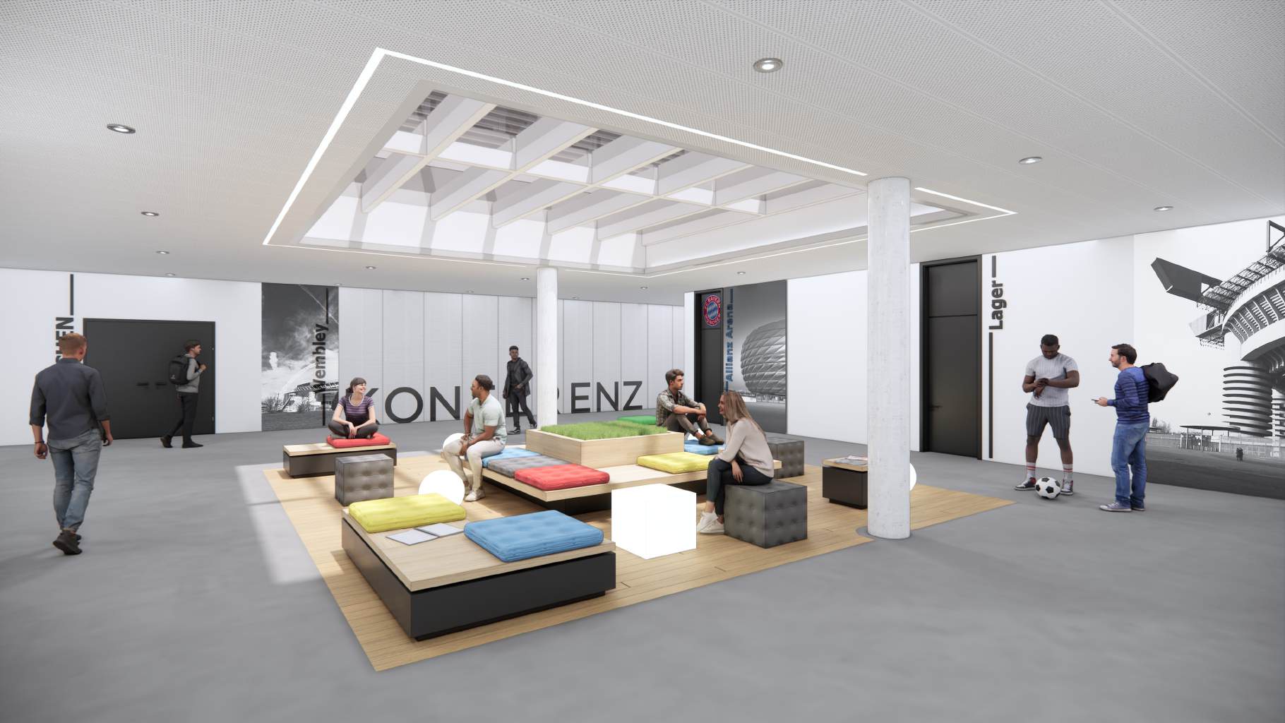 Kommunikationsinsel mit modularer Sitzlandschaft und Stadiongrafik