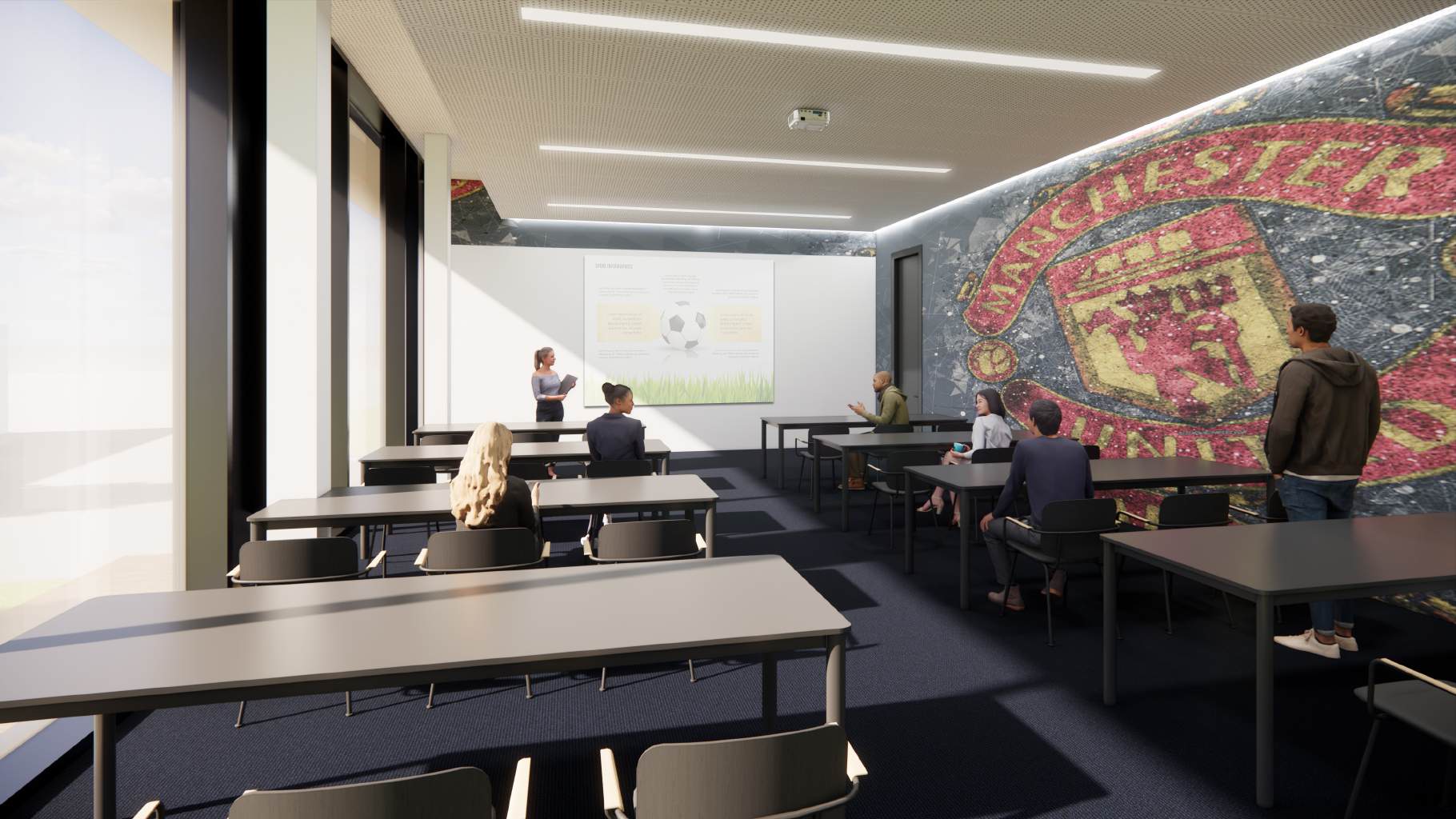 Seminarraum Old Trafford mit Wappen-Wandgrafik